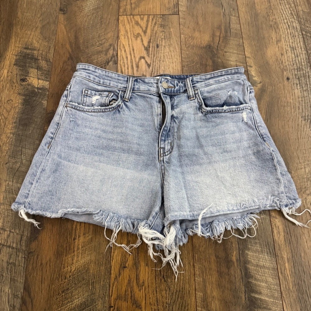 Vervet Blue High Waisted Distressed Denim Jean Shorts Light Wash Size L Raw Hem